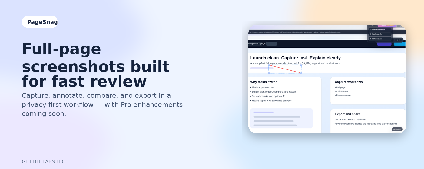 Promotional preview of the PageSnag extension and editor workflow