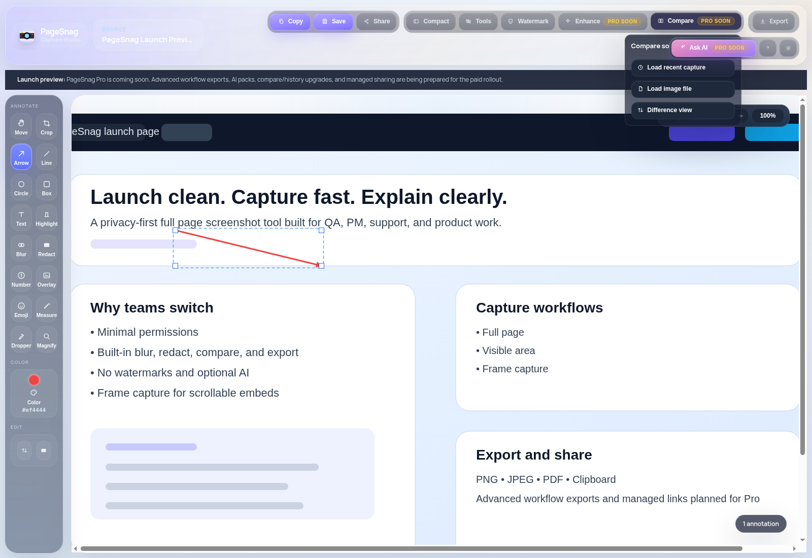 PageSnag compare menu for recent capture, image file, and difference view