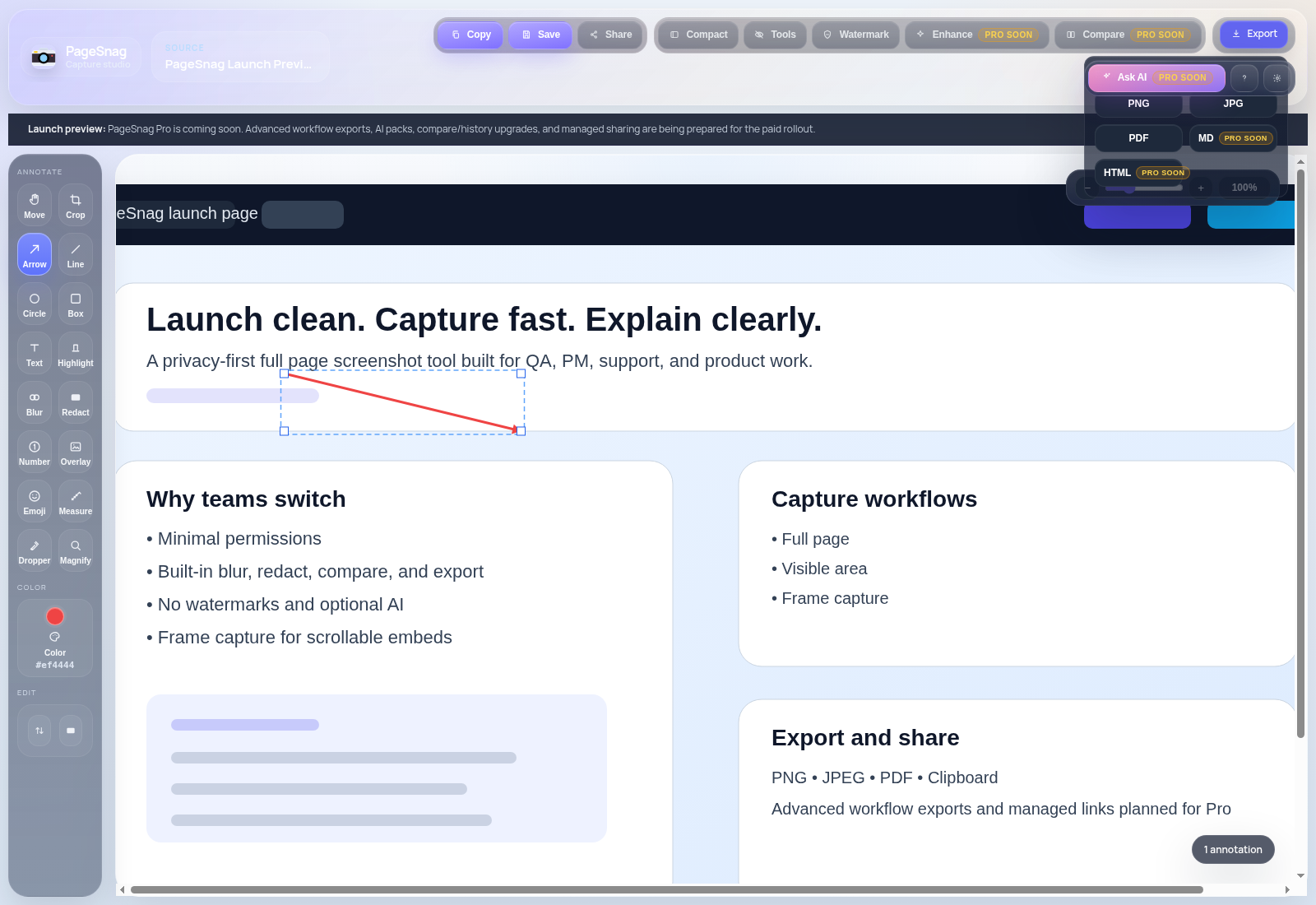 PageSnag export menu with PNG, JPG, PDF, Markdown, and HTML options