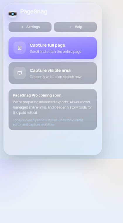 PageSnag popup with full page and visible area capture buttons